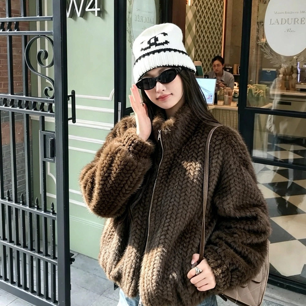 海宁2026秋冬新款韩系短款立领环保皮草毛绒外套女仿貂编织外套冬