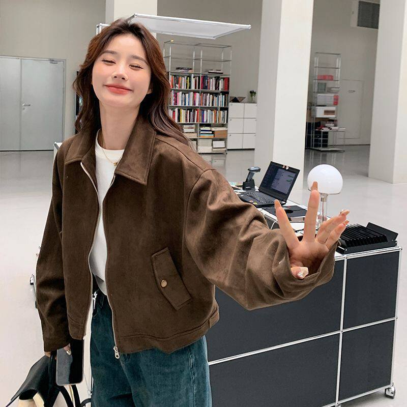 美拉德短款麂皮绒外套女春秋装美式复古慵懒chic又酷又飒皮衣夹克