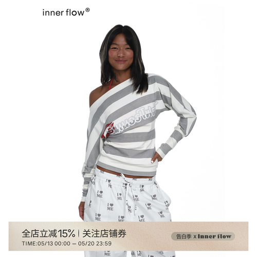 INNERFLOW叛逆画布 春季纯棉浅灰色大条纹红唇印花一字肩舒适上衣