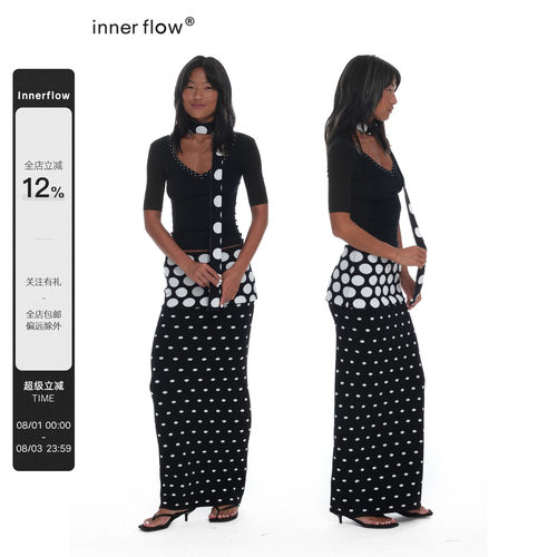 INNERFLOW月光绸语 春季中袖修身上衣针织大小波点拼接长裙套装女