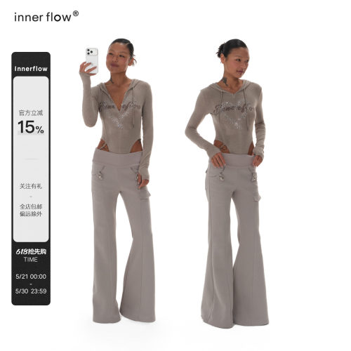 INNERFLOW休闲风松木色连体长袖t恤女夏季修身连帽印花烫钻上衣