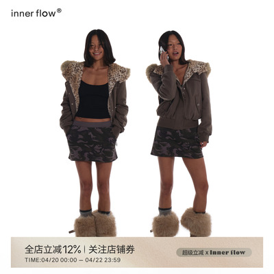 INNERFLOW军绿色短款拉链卫衣春季大毛领连帽设计豹纹拼接外套