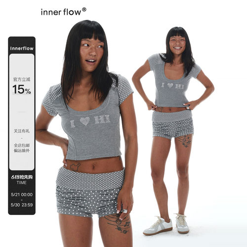 INNERFLOW烫钻拼接波点套装上衣女2026夏新款圆领短款打底衫短裤
