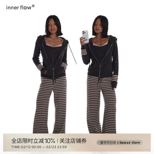 INNERFLOW冬季休闲风灰色假两件运动外套修身条纹开衫连帽卫衣女