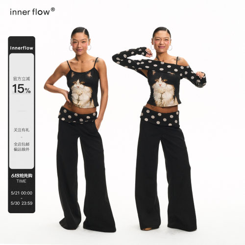 INNERFLOW 夏季卡其色波点外搭+猫咪吊带+黑色波点长裤设计感套装