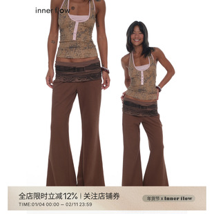 INNERFLOW复古印迹 腰带印花喇叭裤翻腰头低腰长裤运动休闲裤