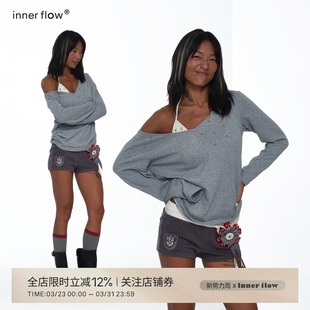 INNERFLOW炫彩商店 春季薄款舒适漏肩铆钉灰色斜肩卫衣吊带套装女
