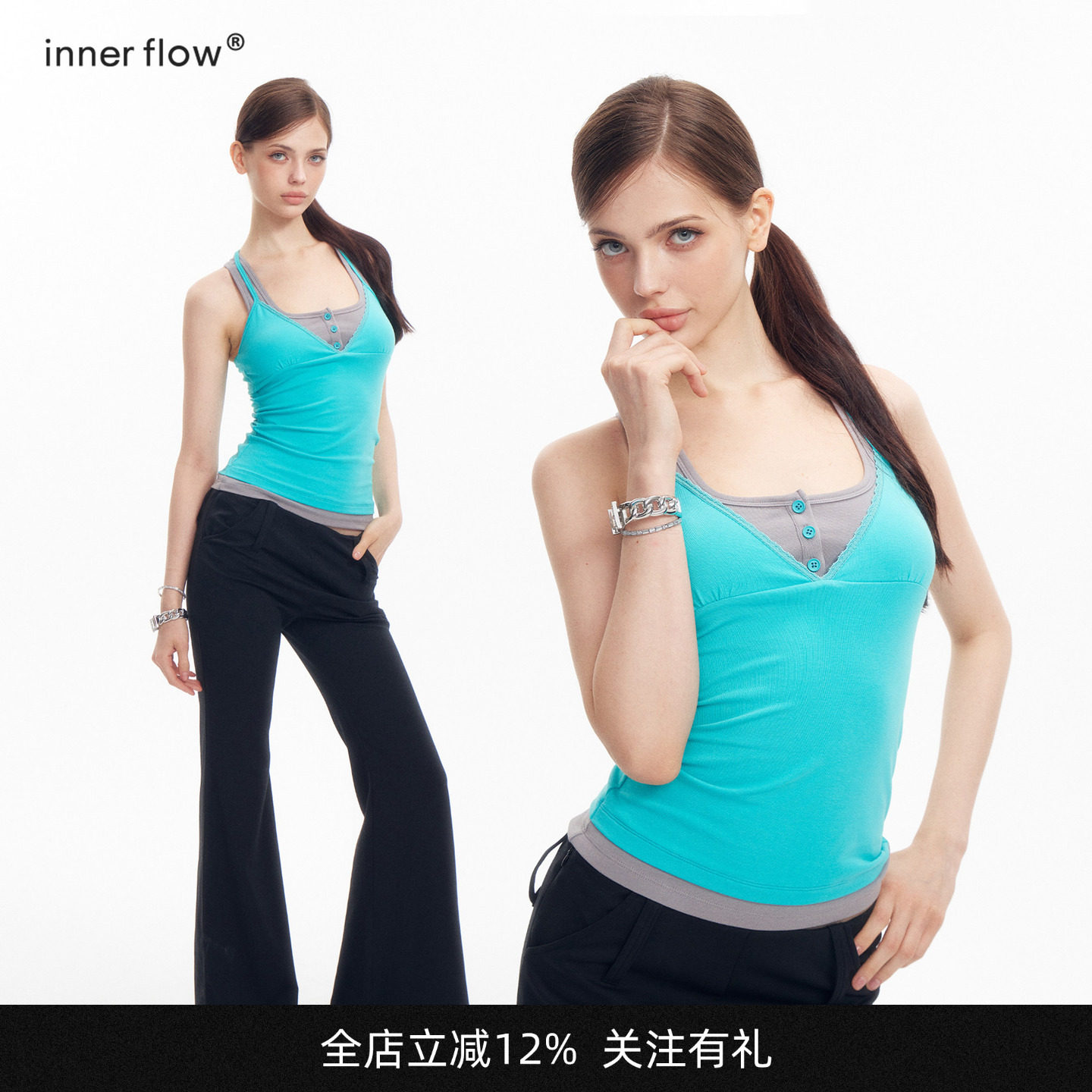 INNERFLOW古早感蓝绿色假两件背心上衣夏季交叉美背修身撞色吊带图片