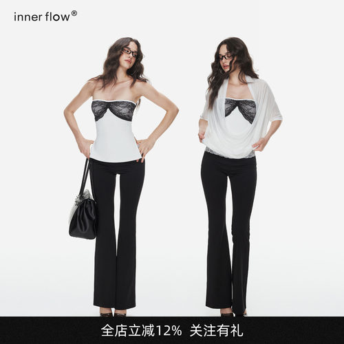 INNERFLOW2026夏季新款超显瘦一字肩蕾丝拼接抹胸内搭长裤套装