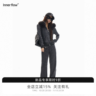 INNERFLOW条纹休闲绒感灰黑色连帽卫衣套装