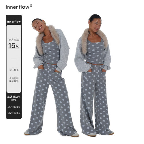 INNERFLOW春季短款灰外套+白灰波点吊带+波点长裤家居感休闲套装