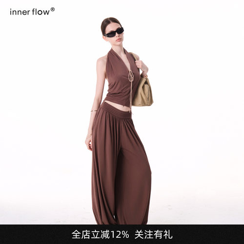 INNERFLOWSoft Daily  慵懒舒适撞色蕾丝休闲挂脖上衣阔腿裤套装