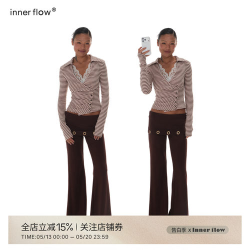 INNERFLOW春季粉棕色条纹上衣蕾丝花边拼接翻领设计显瘦长袖t恤