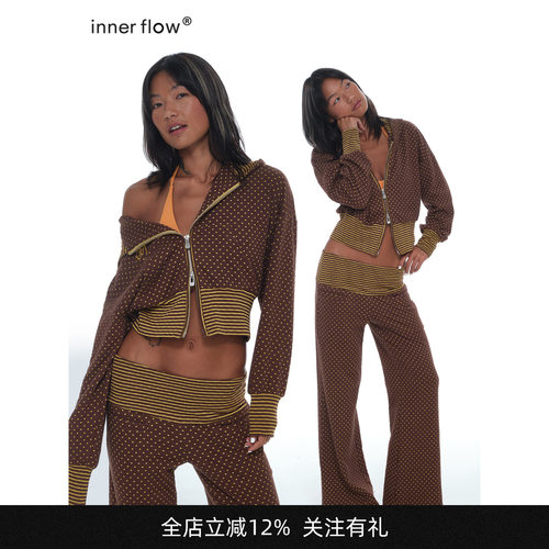 INNERFLOW复古可可 春季长袖短款波点撞条纹上衣+休闲裤两件套装