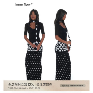 INNERFLOW月光绸语 春季中袖修身上衣针织大小波点拼接长裙套装女