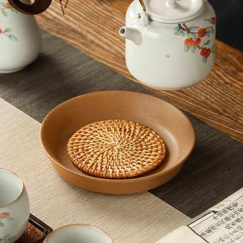 粗陶鎏金藤编垫壶承仿古汝窑干泡台丝瓜络壶托茶壶储底座