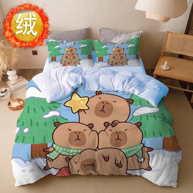 冬季加绒卡皮巴拉四件套水豚被子儿童被套加厚床单床品,床上用品,床品套件/四件套/多件套,淘宝优惠券,粉丝福利购,淘宝优惠卷