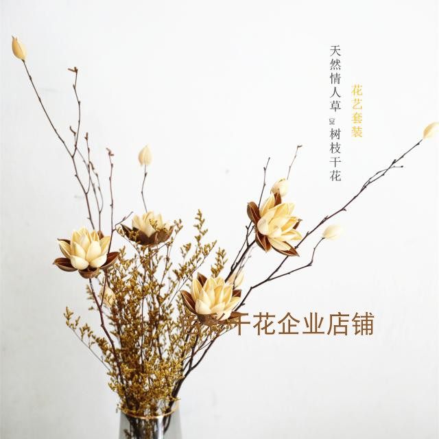 天然树枝植物干花荷花真风干永生情人草云南干草插花描金玻璃花瓶