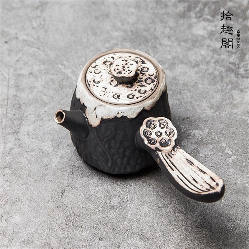 手工粗陶泡茶壶日式复古陶瓷侧把壶黑色急壶横把单壶小号茶具