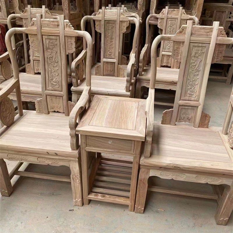 中式扶手椅子三件套白茬北榆木灵芝象头八仙皇宫椅仿古全实木白胚