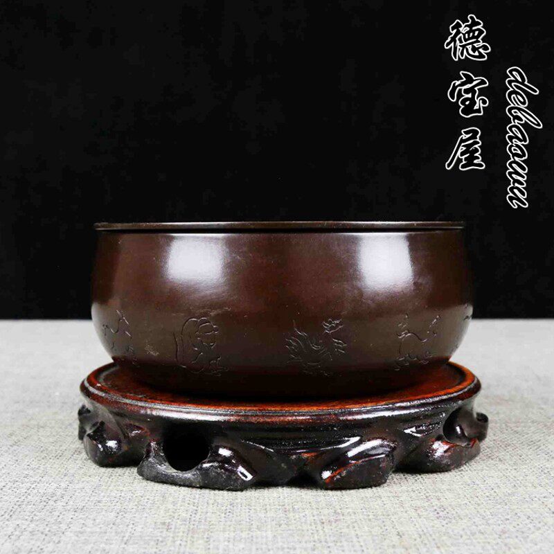 仿古铜茶洗笔洗建水茶钵黄铜带盖水盂干泡壶承茶盘茶渣桶茶杯盆