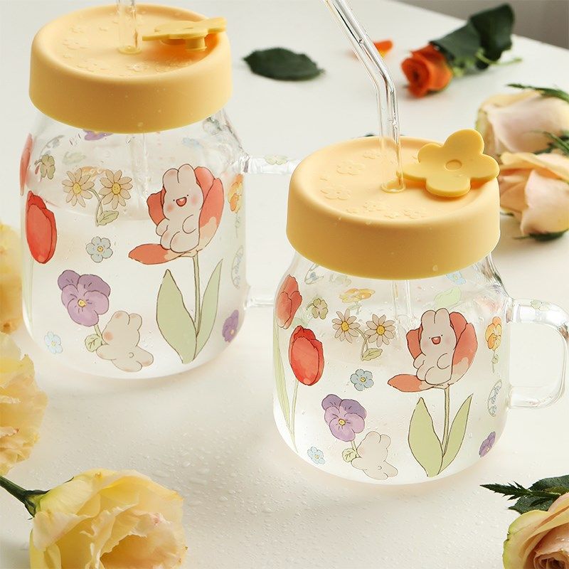 蓝莲花茉茉兔水杯办公夏吸管杯玻璃耐高温带盖带刻度杯子牛奶带把,餐饮具,吸管杯,淘宝优惠券,粉丝福利购,淘宝优惠卷