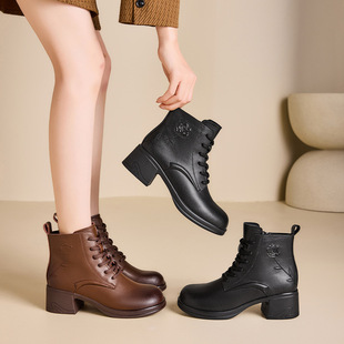 真皮加绒早秋新款爆款马丁靴粗跟法式复古巨好看的增高鞋厚底短靴