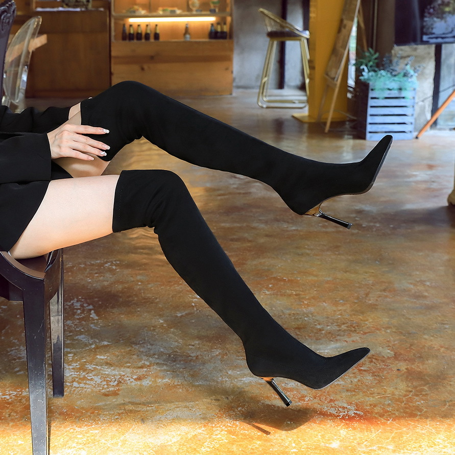 超高跟绒面尖头修脚显瘦过膝长靴