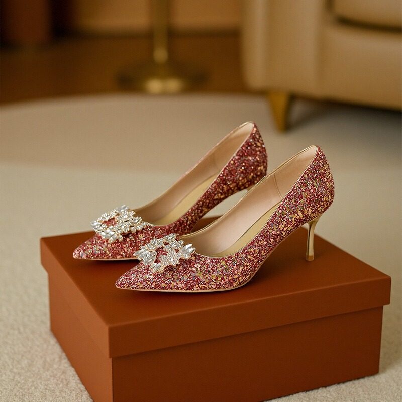 气质女秀禾服婚鞋新娘鞋水晶方扣单鞋优雅时尚舒适不累脚高跟鞋女