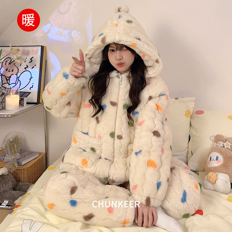 保暖睡衣女款三层加厚夹棉套装