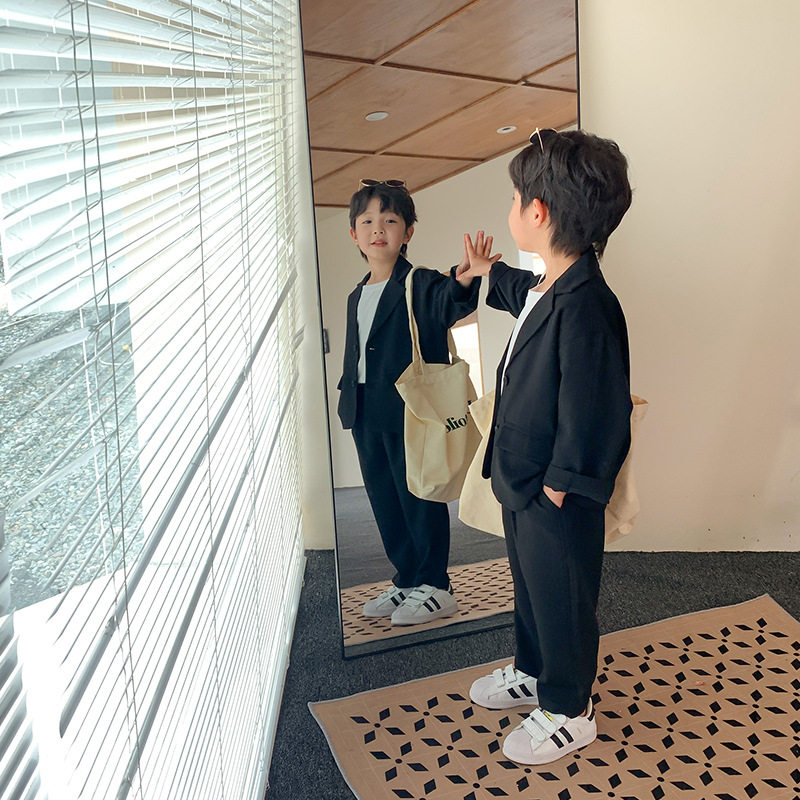 儿童西装套装春秋款帅气宽松休闲男童黑色韩版外套中大童两件套装