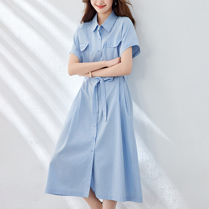 2025春秋新款短袖衬衫裙棉茧蓝色连衣裙女中长款系带收腰女式裙子