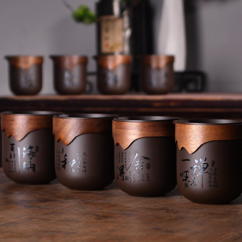刻字紫砂公道杯茶海分茶器陶瓷茶漏套装防烫木圈手抓中式家用大号