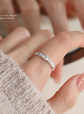 S999纯银纹理褶皱开口星星戒指