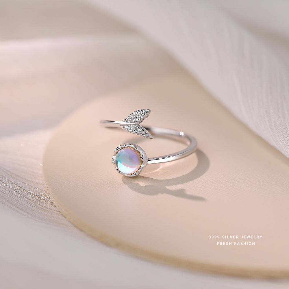 S999纯银韩版人鱼极光戒指女