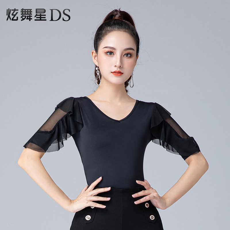 拉丁舞上衣国标舞服装飘逸荷w叶袖形体练功服华尔兹摩登舞上装夏