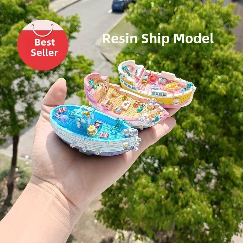 地中海彩绘树脂渔船模型鱼缸微景观景观摆件创意家居海洋主题装饰