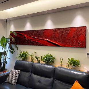 红色横版纯手绘油画客厅装饰画抽象极简卧室床头挂画细长条肌理画