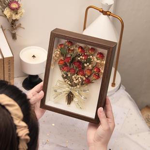 成品相框干花礼盒永生小花束黄玫瑰标本真花高级感摆件女生日礼物