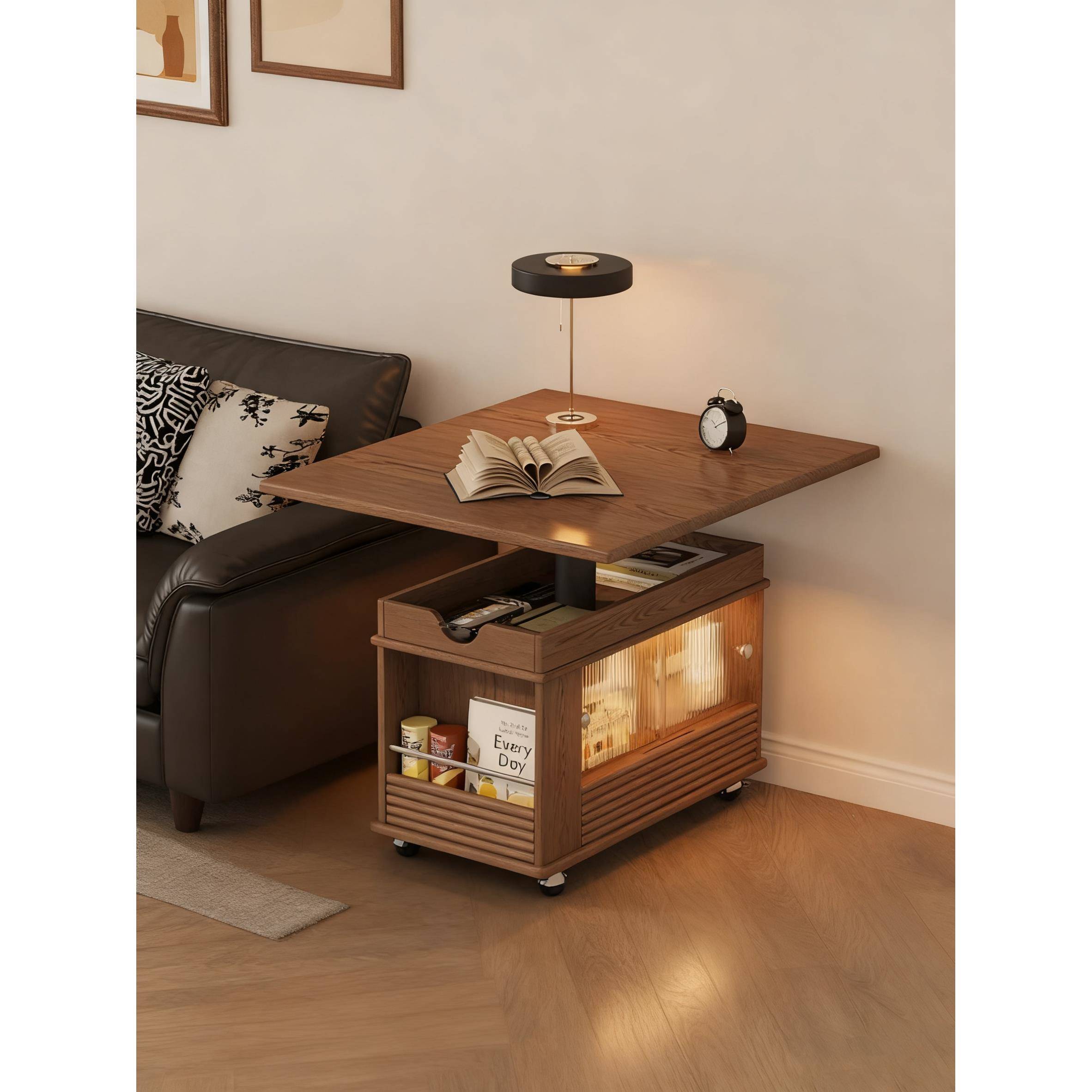 实木折叠茶几桌可升降小户型沙发边柜客厅家用中古风带轮移动边几