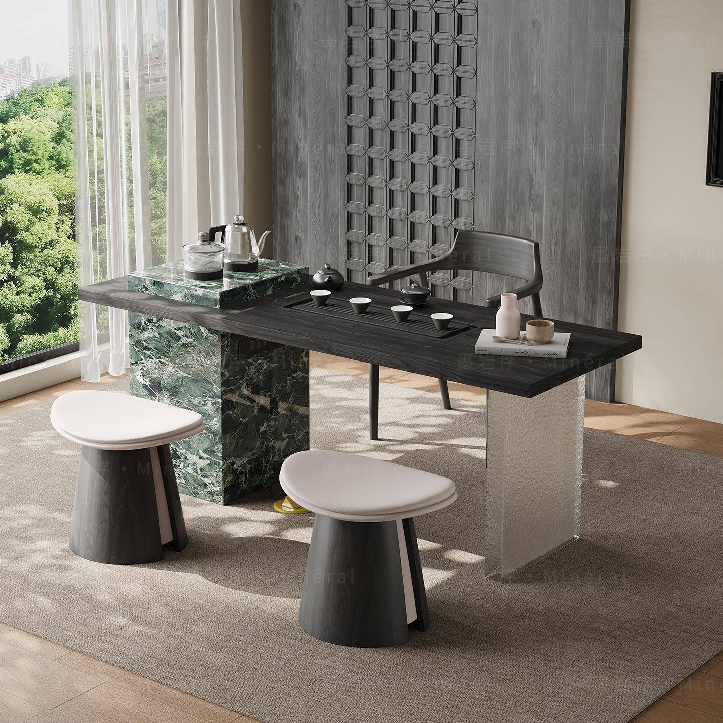 意式茶桌家用小茶台轻奢极简客厅小型高级感泡茶桌岩板阳台茶桌椅