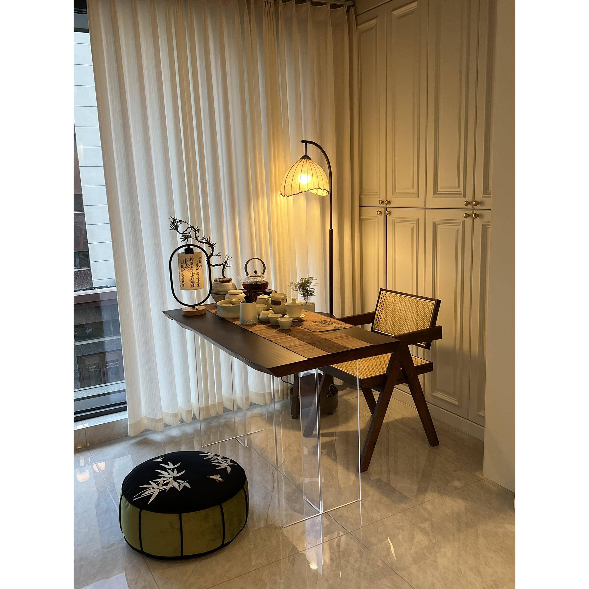 阳台茶桌黑胡桃木大板桌小户型茶桌客厅悬浮书桌工作泡茶桌中古风