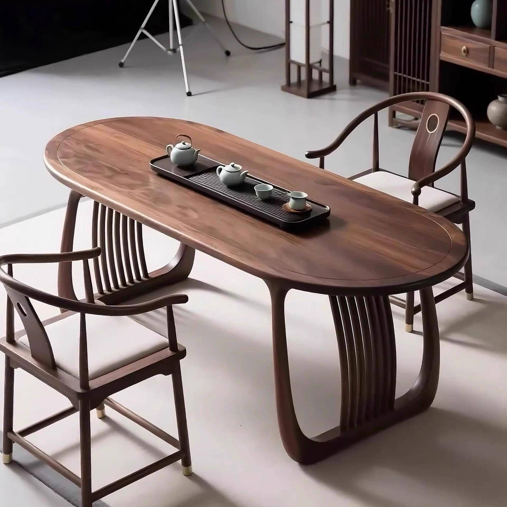 新中式北美黑胡桃木茶桌椅组合宋式美学茶室茶台茶几泡茶桌家具