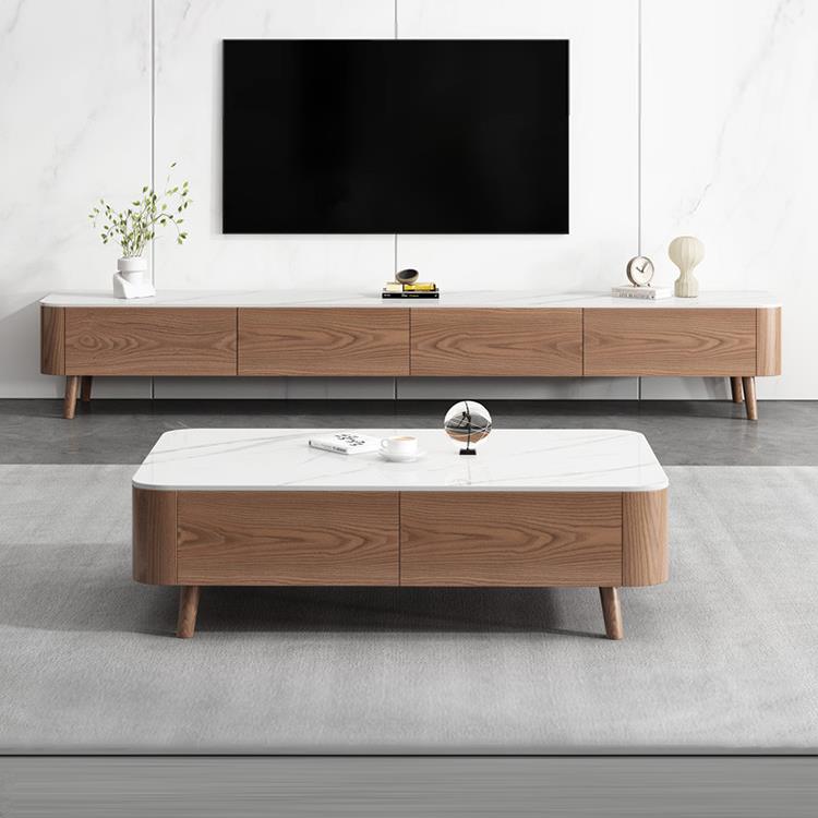 中古风实木茶几客厅2025新款小户型覆古家用胡桃色岩板电视柜组合