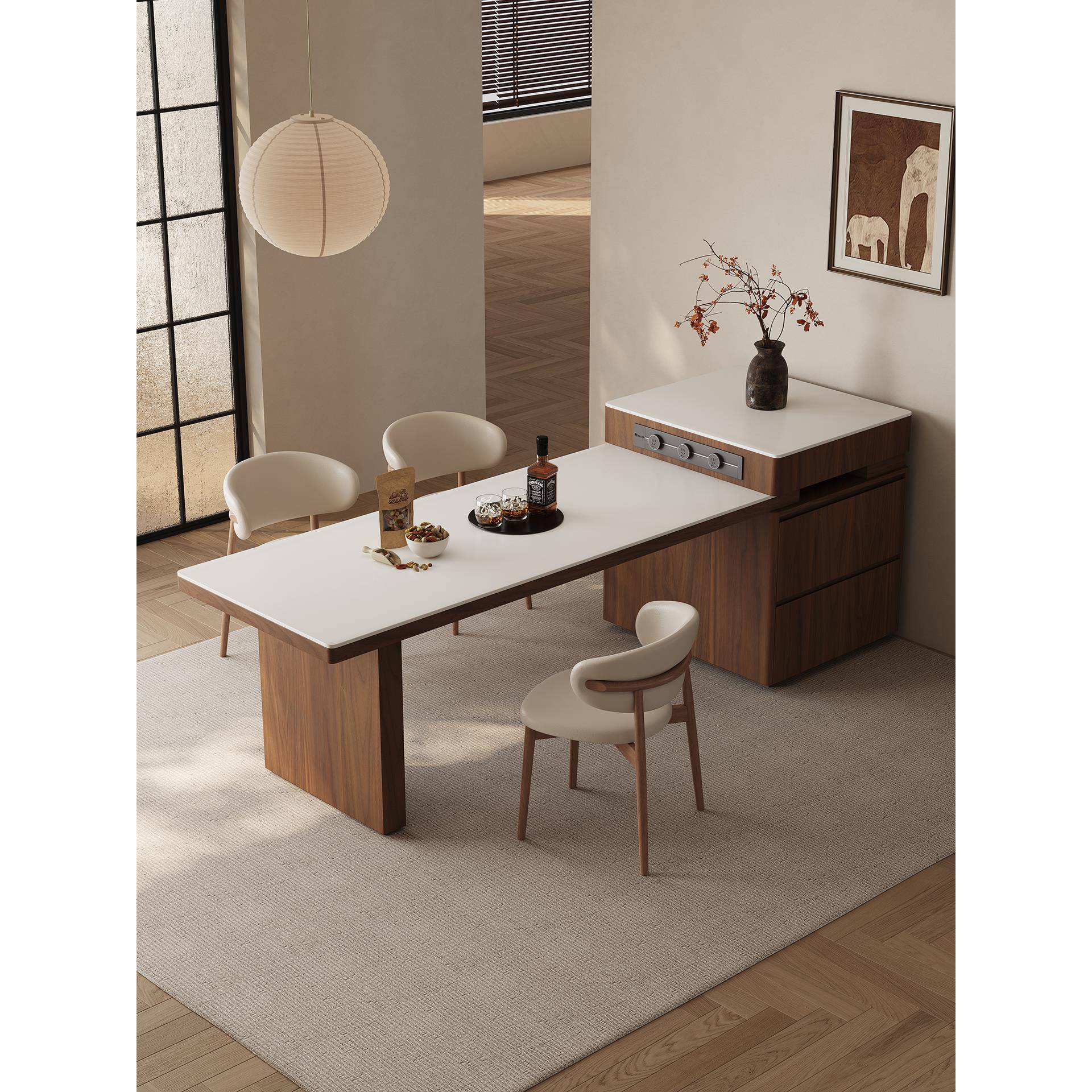 中古风岛台餐桌一体家用可伸缩饭桌厨房岛台餐边柜新款多功能家具