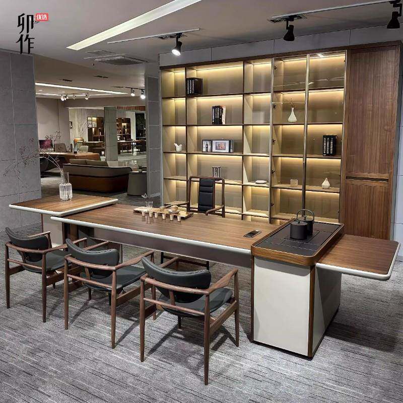 新中式实木老板桌茶桌办公桌一体两用轻奢高级大班台黑胡桃总裁桌