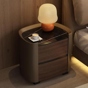 岩板床头柜皮革撞色意式轻奢收纳柜现代简约双抽收纳柜卧室床边柜