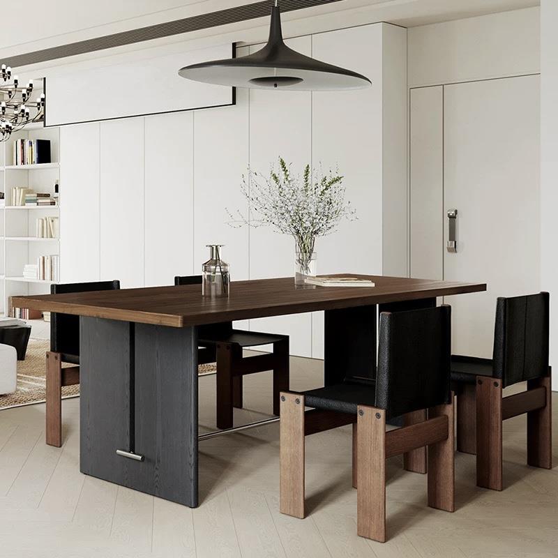 中古风实木餐桌胡桃色长桌原木大板桌设计师办公桌简约长方形书桌