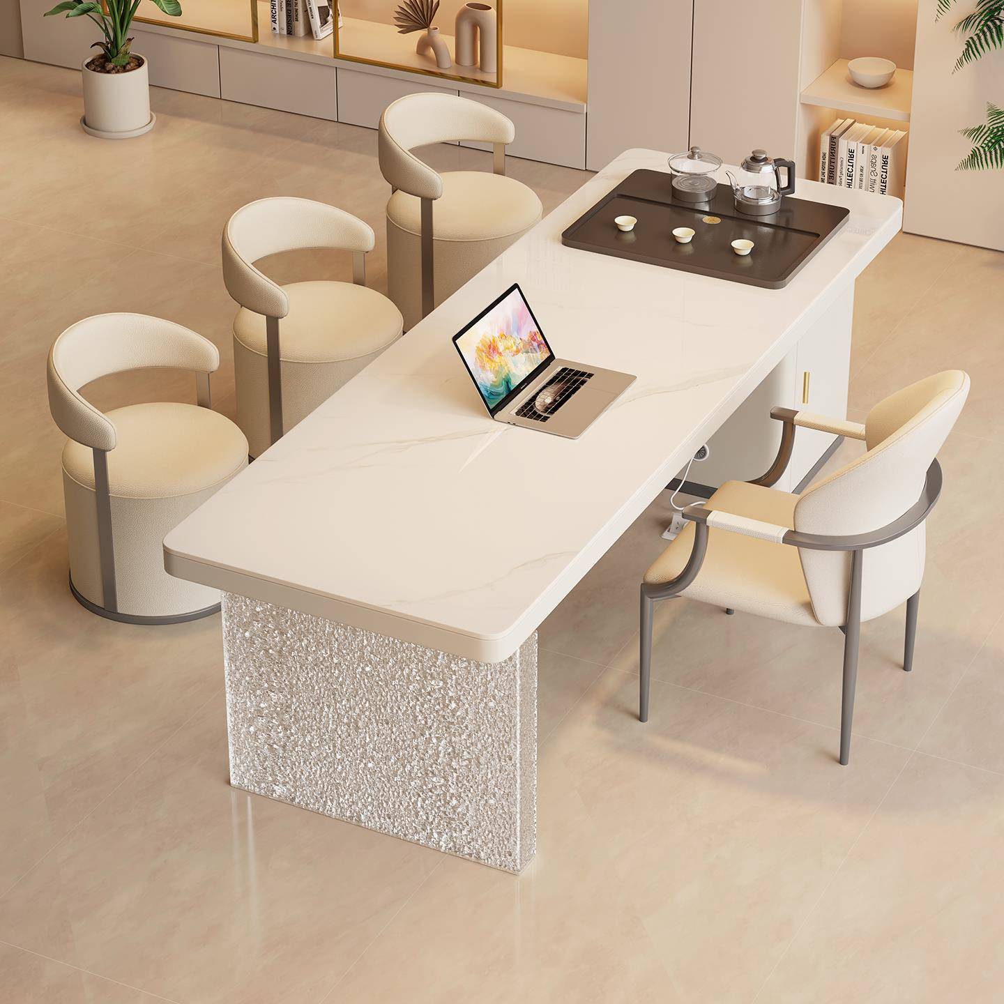 2025新款高端奶油风岩板茶桌椅组合一桌五椅烧水壶一体嵌入式茶台