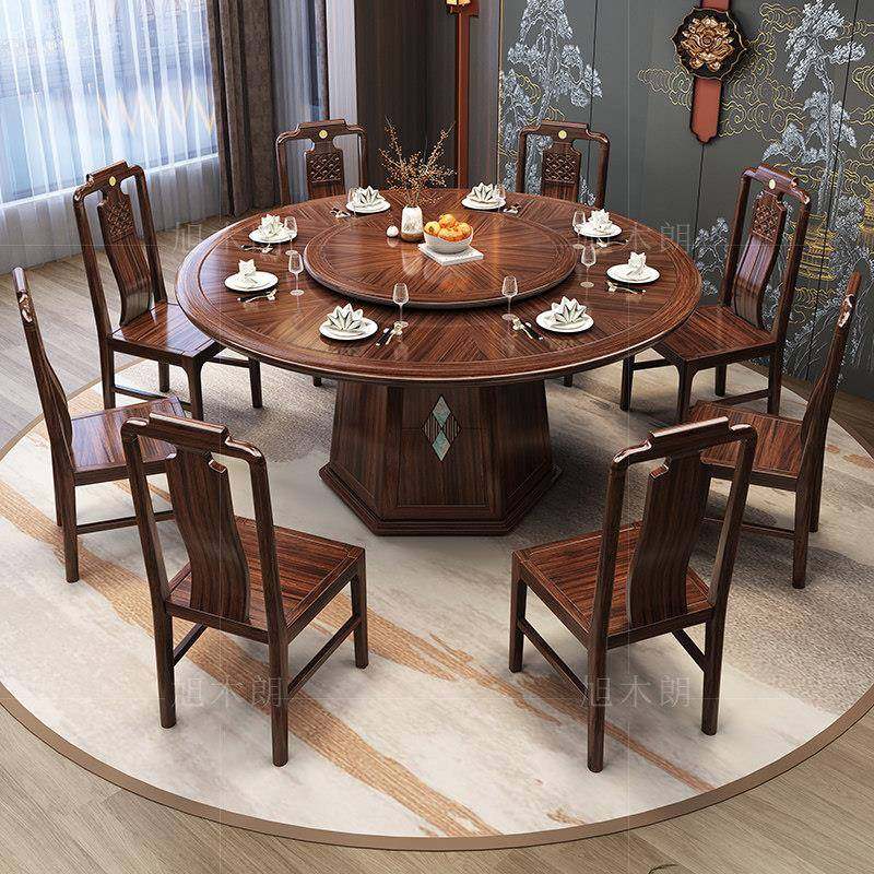 乌金木实木餐桌椅家用 新中式圆形岩板饭桌带转盘 卯榫结构江西产,住宅家具,实木餐桌,淘宝优惠券,粉丝福利购,淘宝优惠卷